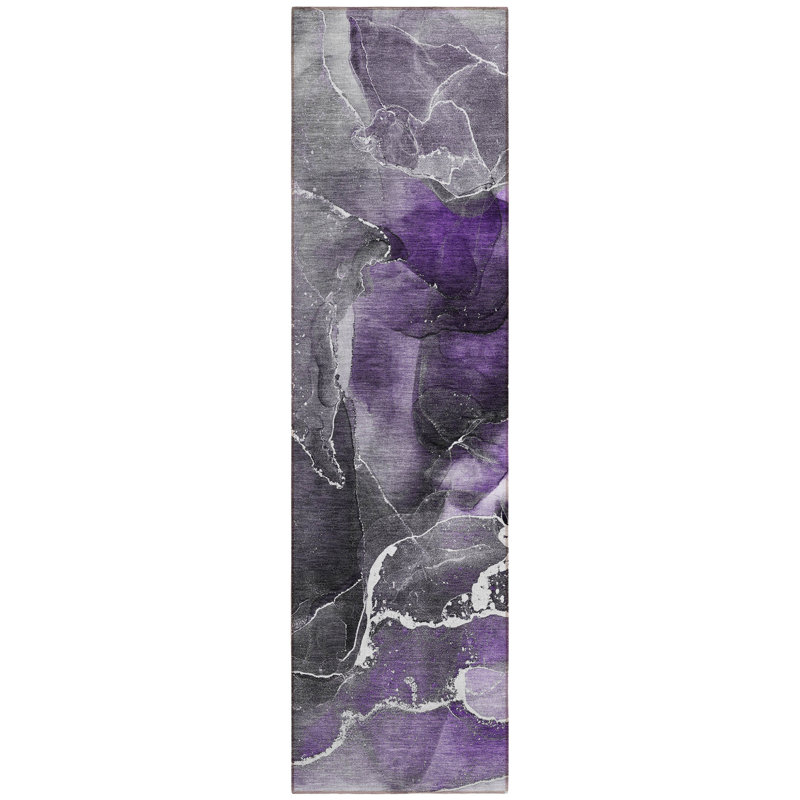 8' Runner Gray and Purple Abstract Washable Non Skid Indoor Outdoor Runner Rug