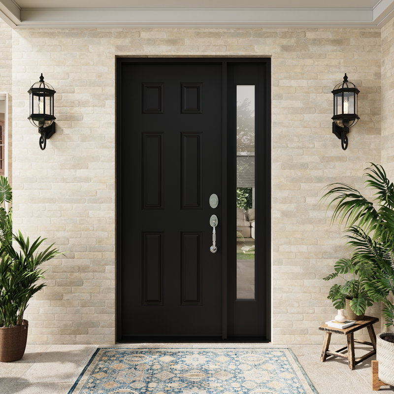 Entry Front Exterior Fiberglass Door 30" x 80" Painted Black 6-Panel Prehung Door Fixed Single Sidelite Black 1 Lite Clear Glass Door With Jamb, Left-Hand Inswing (Not Included Hardware Kit)