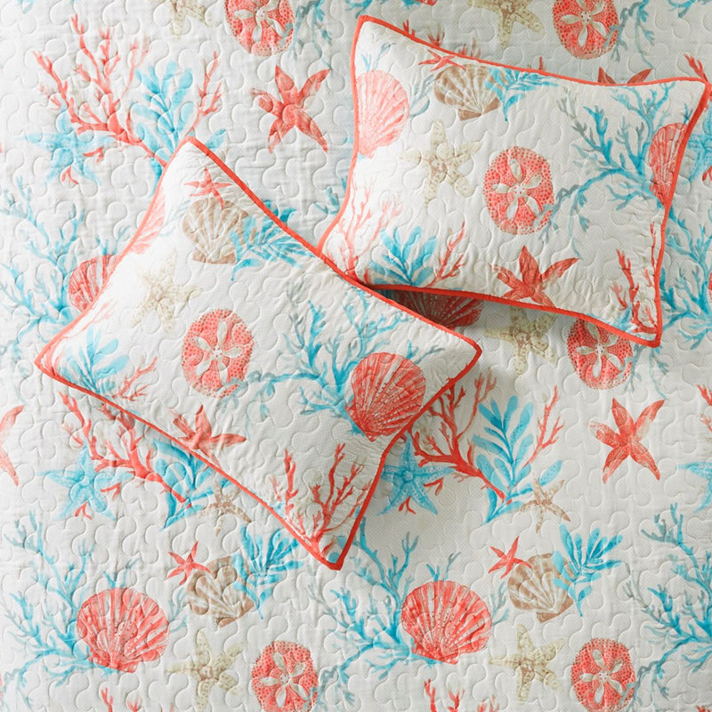 Très grand / très grand lit - Corail 6 pièces en coton, coquillages, étoiles de mer et coraux pour une chambre à coucher confortable