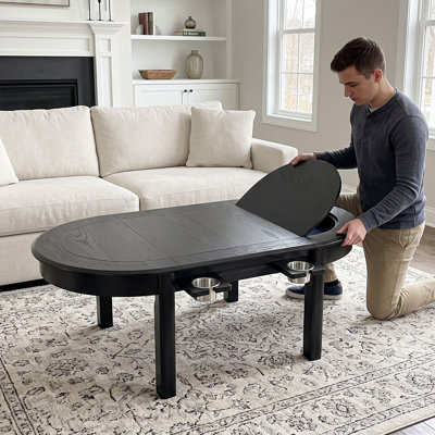 Table de jeu de société en bois massif avec plateau amovible, table pour jeux de rôle/puzzle avec tapis de jeu, 4 porte-gobelets, table basse ovale de 130 cm