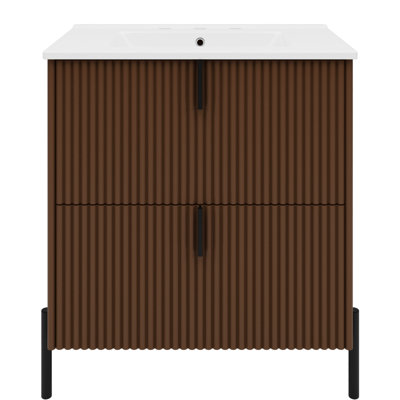 Meuble-lavabo de 30 po de couleur brun foncé, lavabo en céramique, glissières de tiroir à fermeture en douceur, système double, conception cannelée pour meuble-lavabo minimaliste, rangement intelligent, tiroirs,