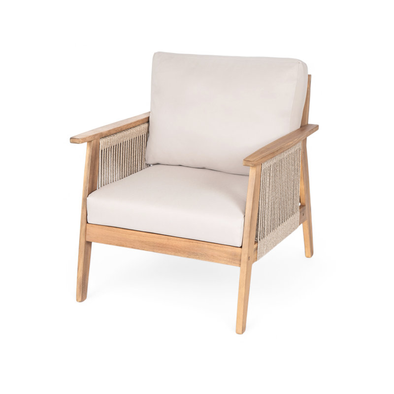  Chaise d'extérieur en bois d'acacia avec corde et coussin, teck et beige, Blanc