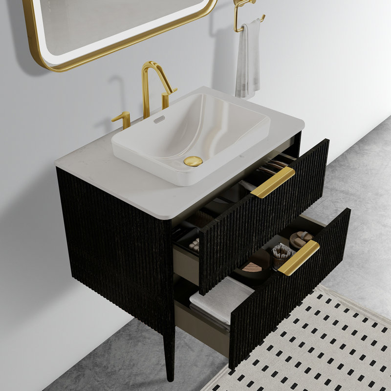 Meuble-lavabo de salle de bain moderne en chêne, lavabo en céramique et double rangement, Black