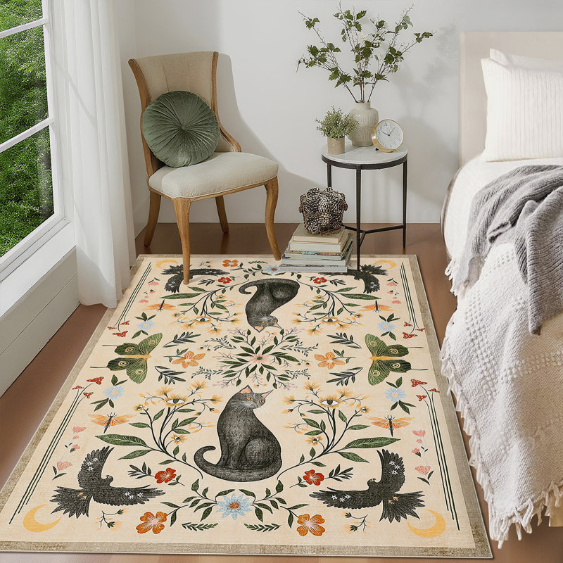 Vintage Cute Cat Machine Washable Rug with Rubber Backing for Living Room Stain Resistant Non-Slip Dining Room Rug Easy-Cleaning Floor Carpet for Bedroom