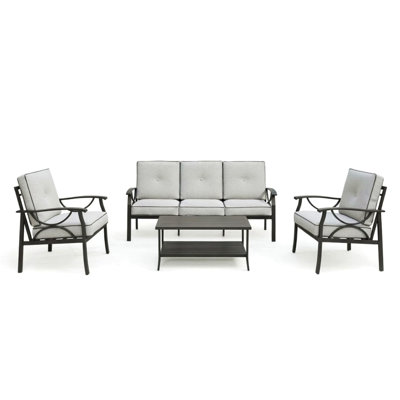 4-Piece Metal Patio Furniture Set, 5-Seat All-Weather Conversation Sofa With 4 Inches Thick Gray Cushions, Black Frame, Coffee Table For Porch Backyard Garden