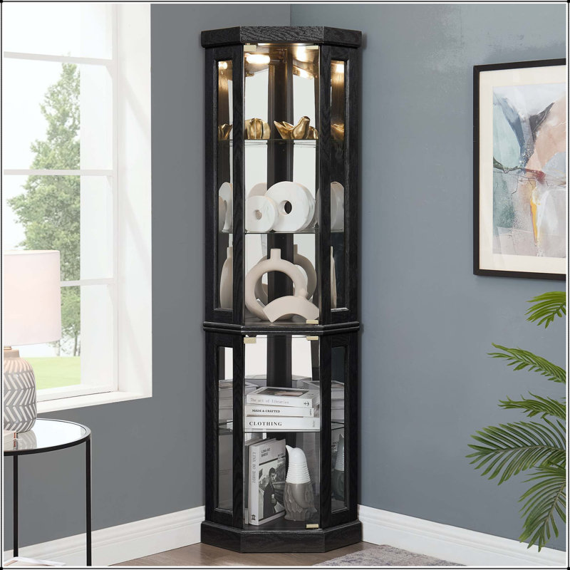 Vitrine de coin lumineuse avec portes en verre et tablettes réglables - noir, Black