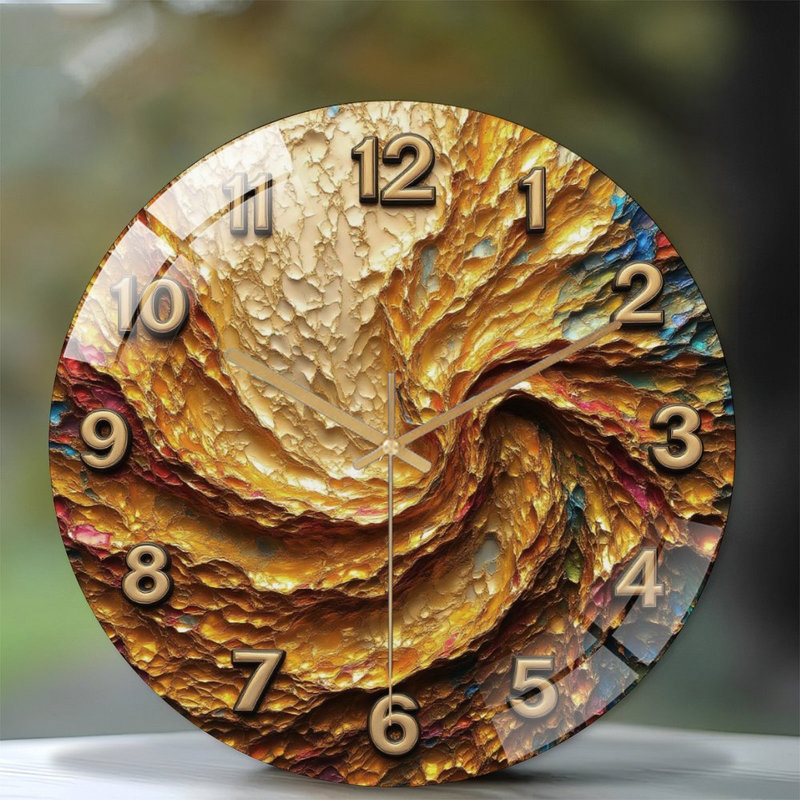 Swirling-Textured-Golden-Clock-Face Art - 12'' Modern Glass Wall Clock