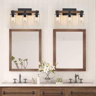 Luminaire de meuble-lavabo en bois Livi avec abat-jour en verre transparent