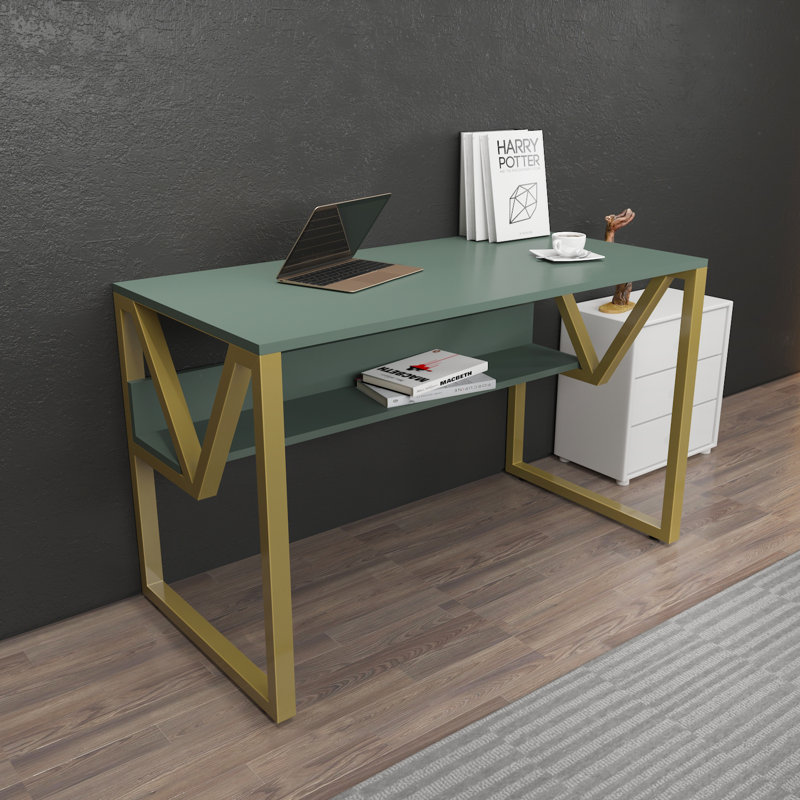 Lona 120Cm W Rectangular Computer Desk, Gold, Green