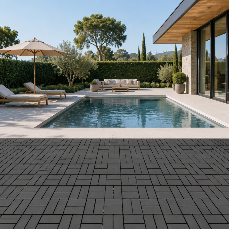 Dalles de terrasse emboîtables en plastique résistant, paquets de 44, 30 x 30 cm, imperméables pour une utilisation par tous les temps, idéales pour les jardins et les abords de la piscine, gris foncé