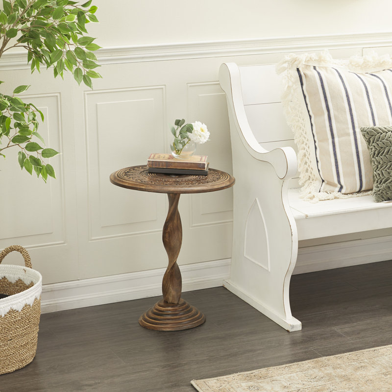Brown Mango Wood Handmade Intricately Carved Floral Side End Accent Table with Spiral Leg and Elevate Base