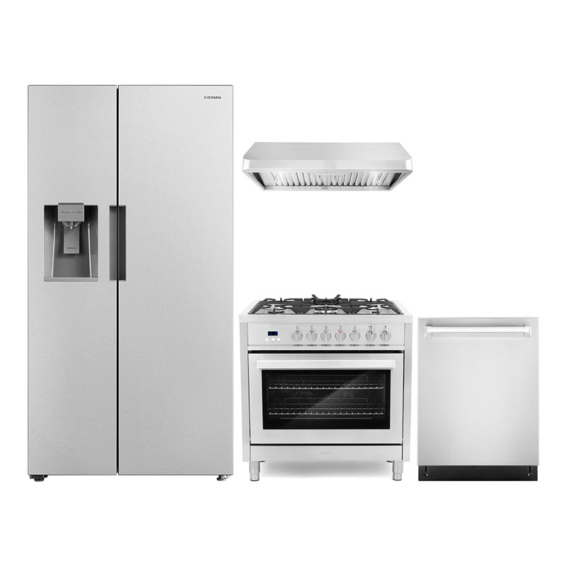 Ensemble de cuisine 4 pièces avec réfrigérateur côte à côte et cuisinière à double combustible autoportante de 36 po