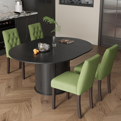 Extendable Round Dining Table with 4 Upholstered Chairs，47″–63″ Oval Expansion, Hidden Storage Base, Solid Wood Leg Chairs, 5‑Piece Modern Dining Set