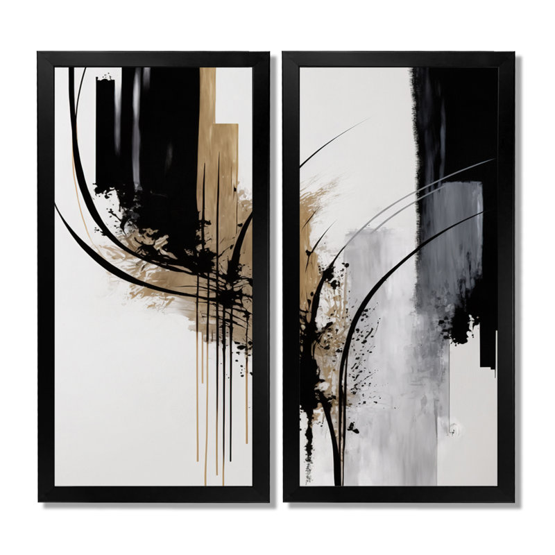 «Black, White and Gold Expression», art abstrait sur toile, art mural abstrait noir 2 pièces, H 32 po x l 32 po, Noir