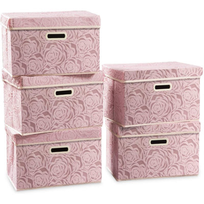 Stackable Storage Cubes With Lids [5-Pack] Fabric Decorative Storage Box Bins Organizer Containers Baskets With Cover Handles Divider For Bedroom Closet Living Room