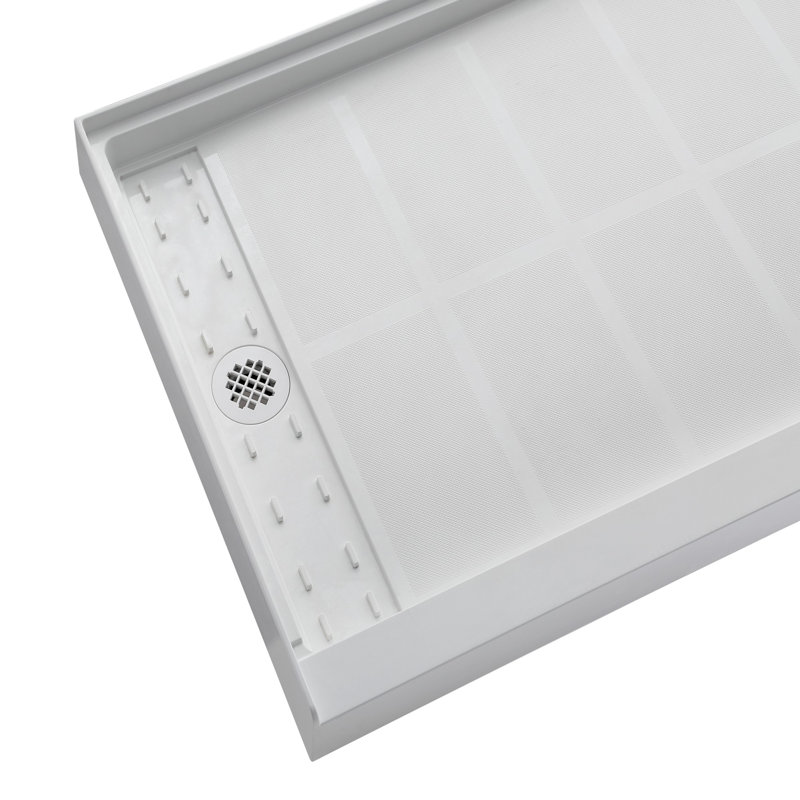 Bac de douche 60 po x 30 po à surface solide, drain à gauche, base à seuil simple avec ensemble de drain et couvercle