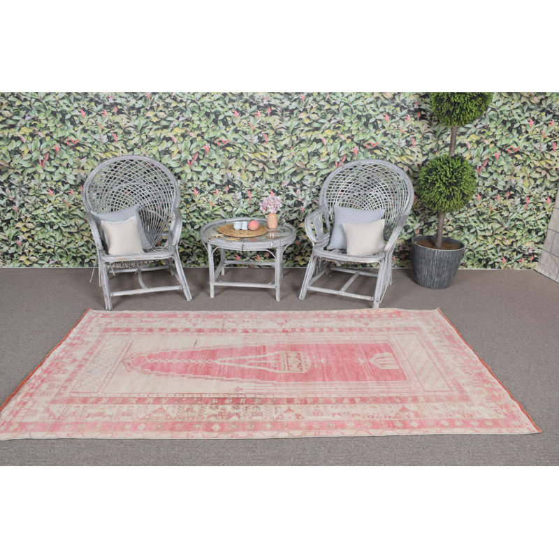 Tapis turc rétro vintage rose Anatolian - tapis de laine bohème fait à la main