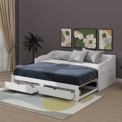 Wooden Twin Daybed With Pull-Out Trundle And Dual Storage Compartments, Extendable Daybed Structure