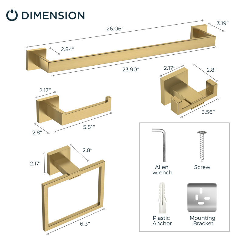 Square 5 - Piece Bathroom Hardware Set, Brushed Gold