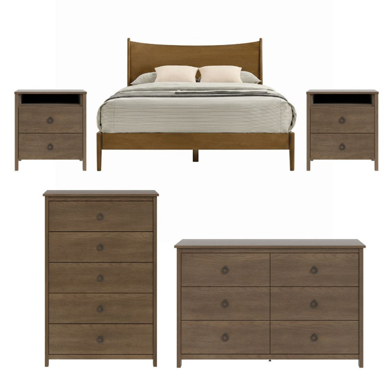 Ensemble de chambre à coucher 4 pièces Sevine Revalo, 5 Pcs: Bed, Dresser, Chest, 2 Nightstands