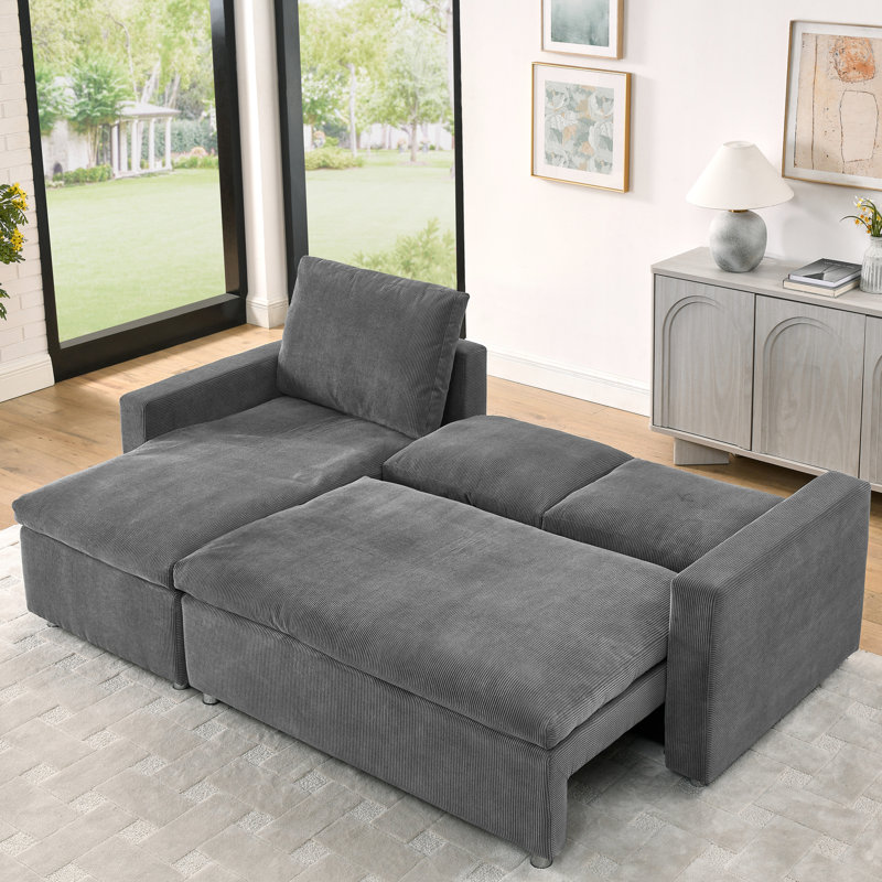 Lit convertible en forme de L avec velours côtelé gris lavable et méridienne avec rangement et tissus amovibles, Grey