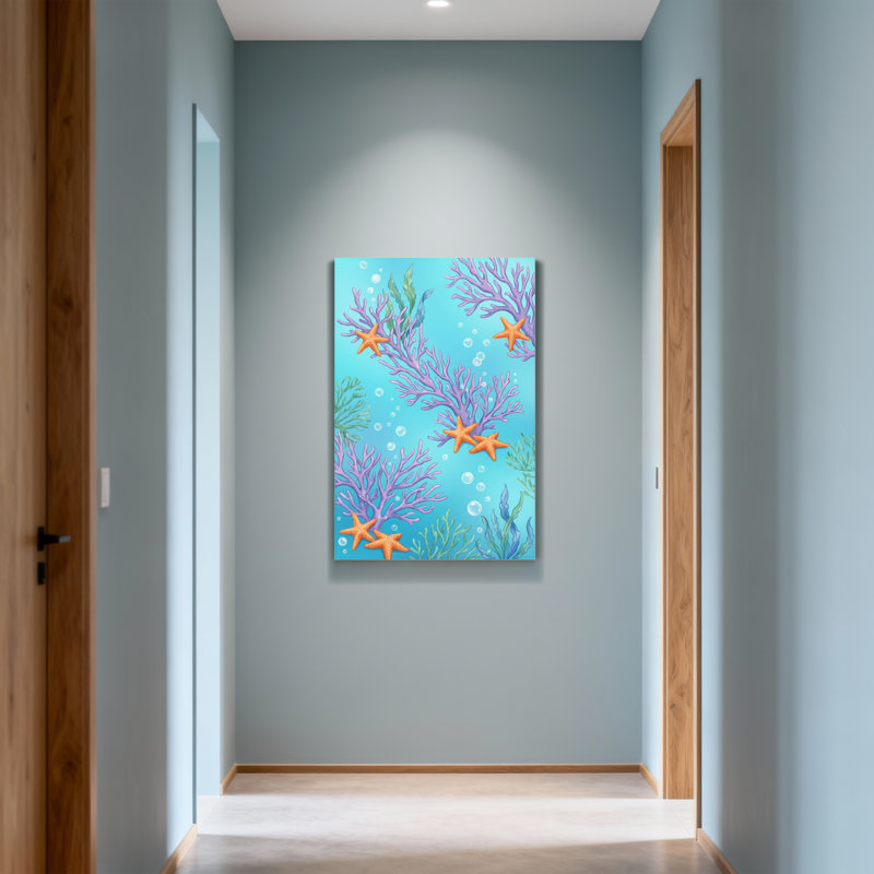 Plantes et fleurs, corail, étoile de mer, bulles, scène sous-marine, H 36 po x l 24 po