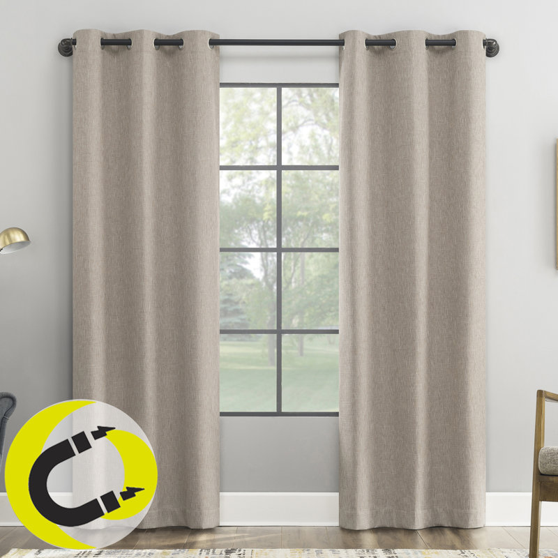 Sun Zero Aldwin Slub Texture Magnetic Closure 100% Blackout Grommet Curtain Panel, Beige, 40" W x 84" L