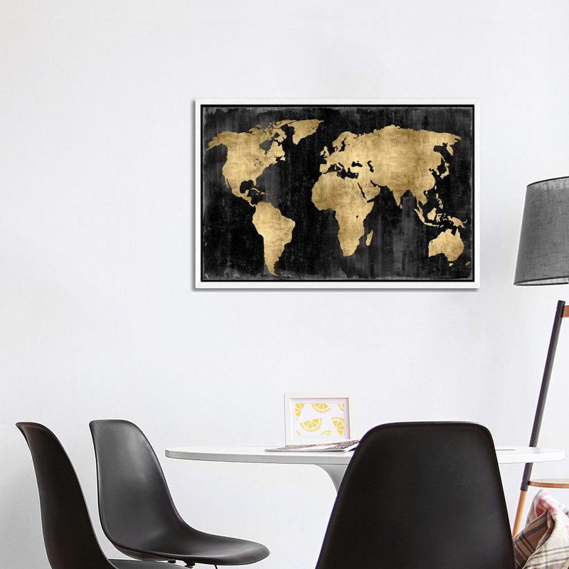 The World - Gold On Black by Russell Brennan - Painting on Canvas, White Floater Framed, 152.5 cm H x 101.5 cm W