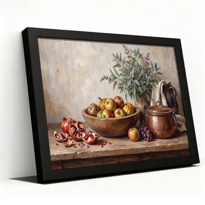 Red Apples and Pomegranates in Wooden Bowl with Copper Pot Canvas Wall Art