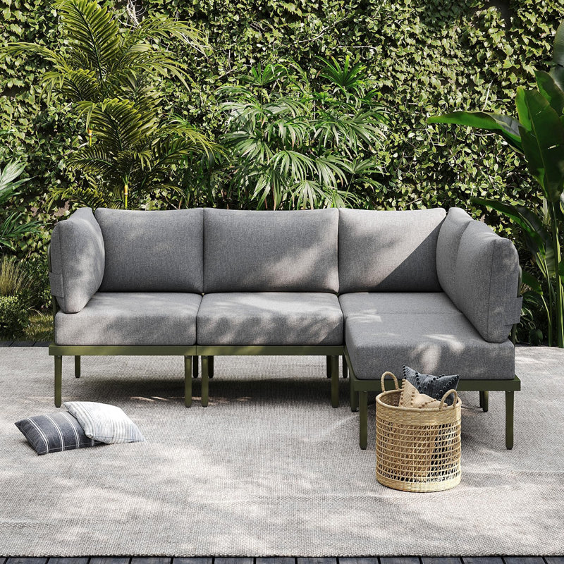 Metal 4-Person Patio Set, Outdoor Patio Furniture Set with 6'' Olefin Cushions, Green