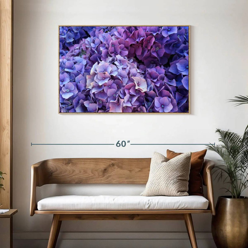Grappes d'hortensias mauves, 40 po x 27 po, Cadre flottant en bois naturel