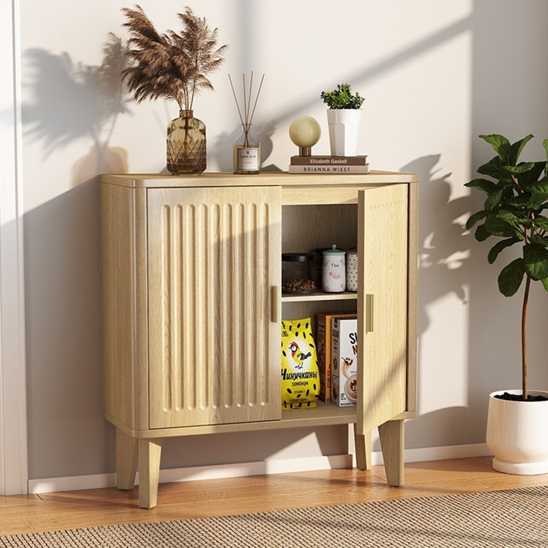 Fluted Buffet Cabinet with Storage, Small Sideboard Cabinet with Adjustable Shelf, Modern Wood Accent Coffee Bar Console Table for Hallway, Entryway, Kitchen, Living Room, Natural