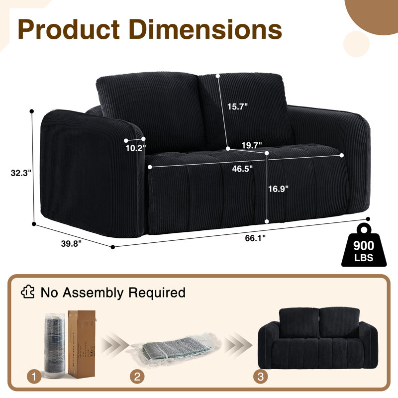 Oversize 66''W Uholstered Corduroy Loveseat With Tufted And Wide Arms,No installation required, Black