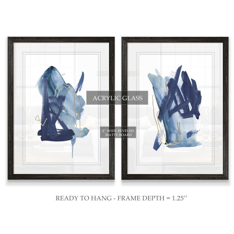 «Indigo Collide I» par Melissa Wang - ensemble de 2 peintures encadrées, H 24 po x l 18 po, Ébène