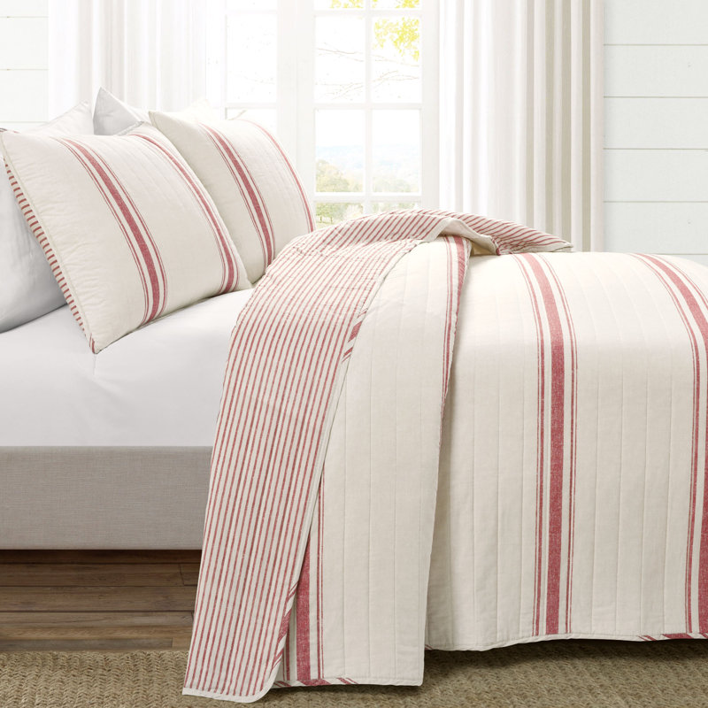 Gilroy Farmhouse / Country Cotton Striped Quilt, King Quilt + 2 Shams, Red