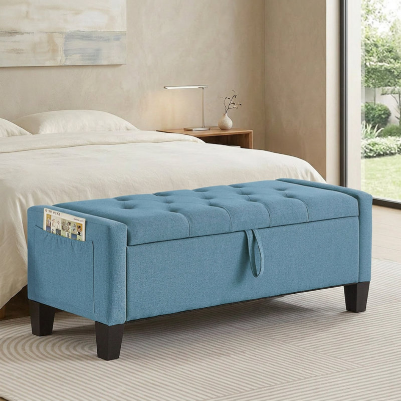 Banc de rangement avec repose-pieds 45 po avec charnière de sécurité, banc d'entrée capitonné, 350 lb, Bleu clair