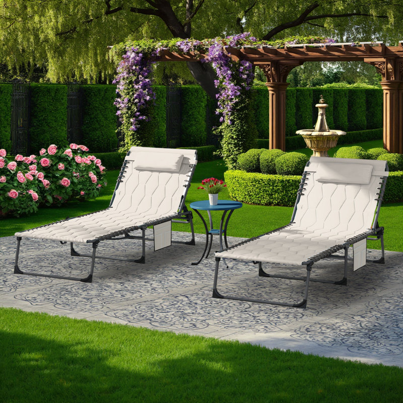 Chaise longue d'extérieur pliante 2 pièces, chaises de patio inclinables réglables avec coussin et poche latérale, Beige/noir