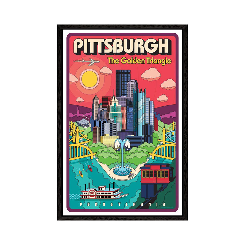 Pittsburgh Pop Art Travel 1 Piece Wall Art on Canvas, 101.6cm H x 66.04cm W x 3.81cm D, Black Framed