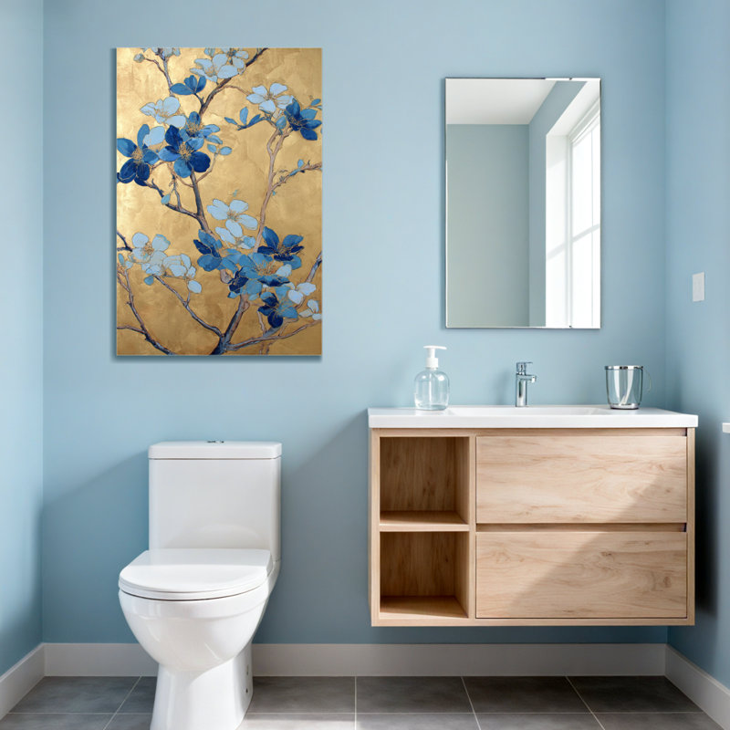 Plants &Flowers Blue Flowers On Gold Background Art Print