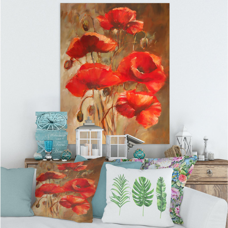 Red Blossoming Poppies VI - peinture sur toile, H 20 po x l 12 po x P 1po, Toile tendue