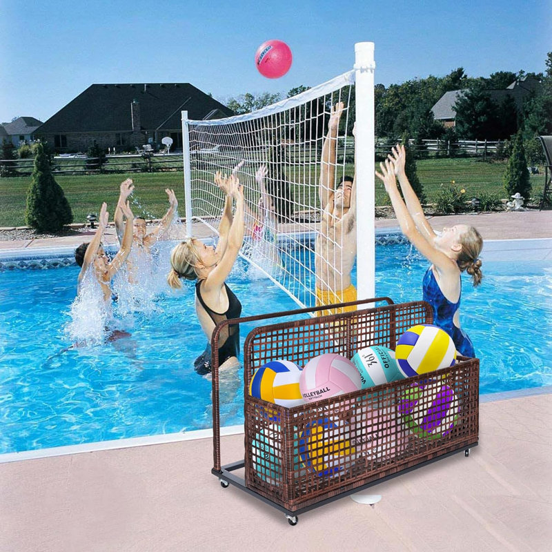 Rolling PE Poolside Storage Basket with Side Shelves, Mobile Outdoor Organizer for Pool Floats Toys Towels on Deck Patio Garden