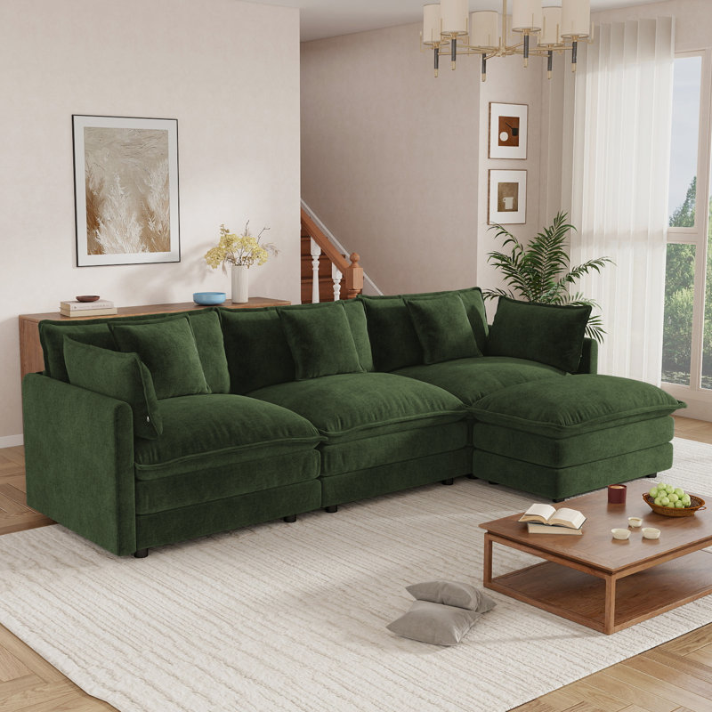 Ensemble de salon, canapé en L, canapé en chenille, 3 places, pour le salon, Chenille verte
