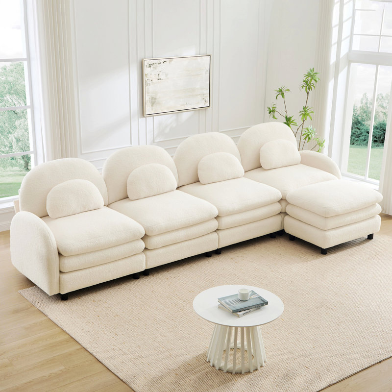 Canapé modulaire à 4 places avec dossier incurvé et repose-pieds mobile pour l'intérieur, Beige