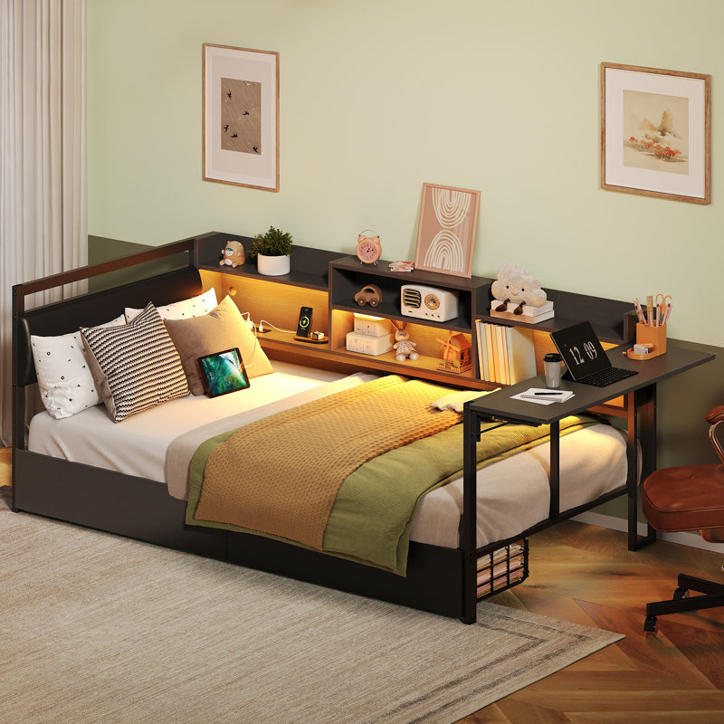 Twin Corner Bed Frame With Desk, 2 Drawers and Storage Bookcase, Metal Platform Bed With Charging Station and Led Lights, Twin Daybed With Upholstered Headboard
