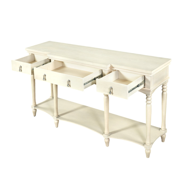 [Vidéo] Console traditionnelle rétro avec 3 tiroirs à fermeture en douceur et tablette inférieure, structure en bois massif, pieds romains tournés, poignées en cuivre rétro, blanc