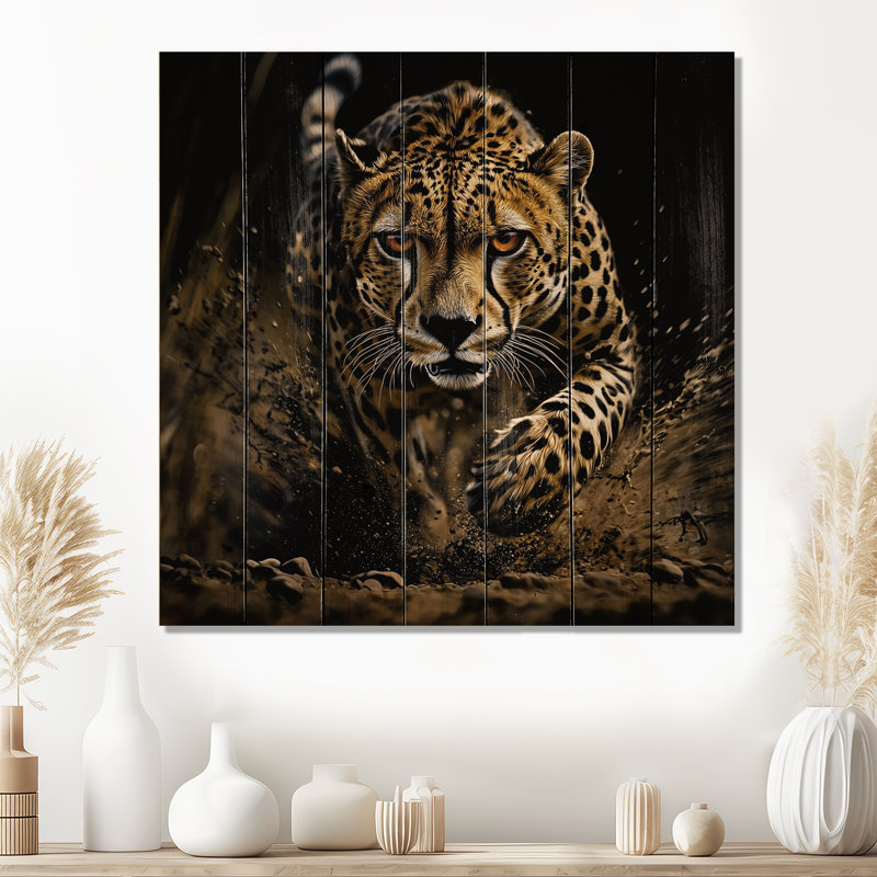 Running Black Cheetah II - Owl Animal Wood Wall Art On Natural Pine Wood, 15" H x 15" W