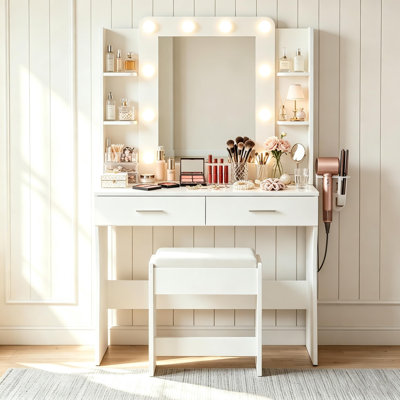 Dressing Table with Stool,Vanity Desk with Mirror& Power Strip,1AC