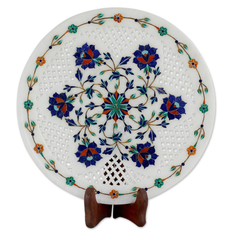 Assiette décorative en marbre floral marqueterie Novello