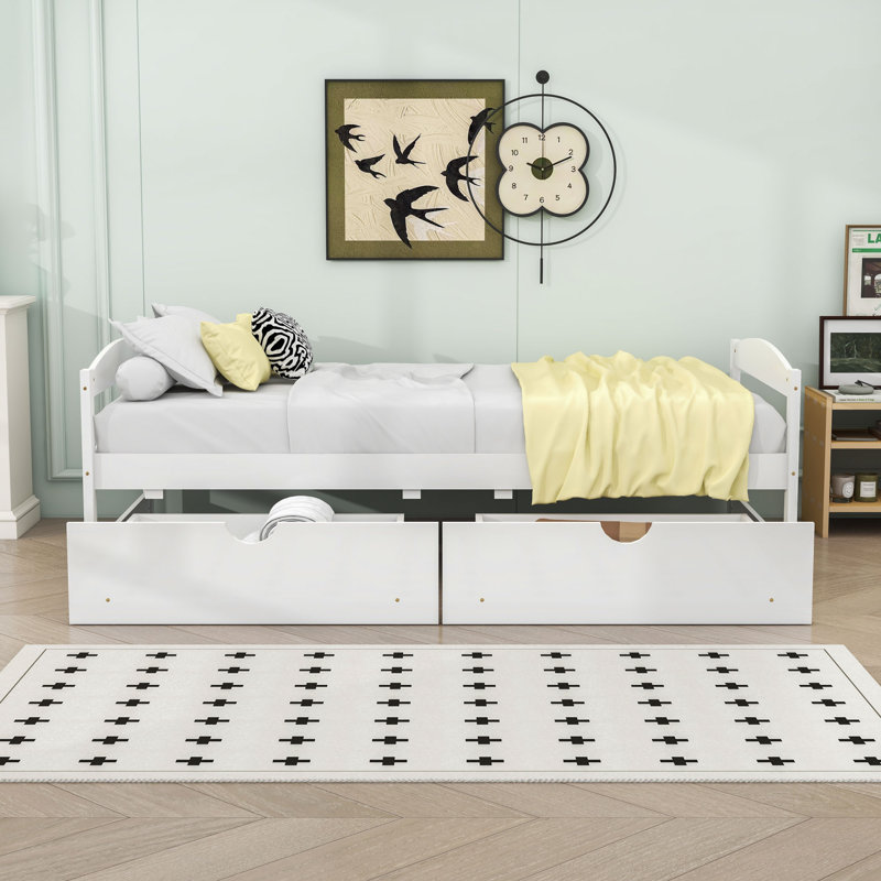 Lit plateforme simple en bois 2 tiroirs avec tête et pied de lit, Blanc