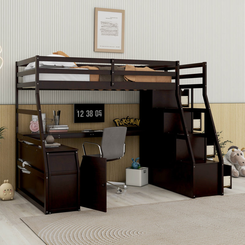 Lit mezzanine avec 7 tiroirs, 2 tablettes et un bureau, Simple, Espresso